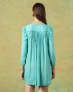 Back view of Model wearing blue moth and stripe block printed empire line dress – RA Studio