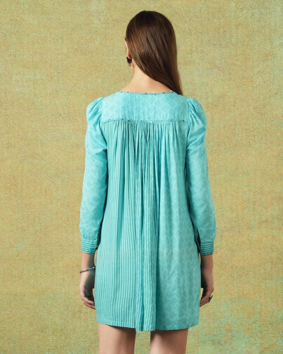 Back view of Model wearing blue moth and stripe block printed empire line dress – RA Studio