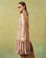 Side view of pink halter neck crinkled Jaipur block print dress with Jaal pattern – RA Studio