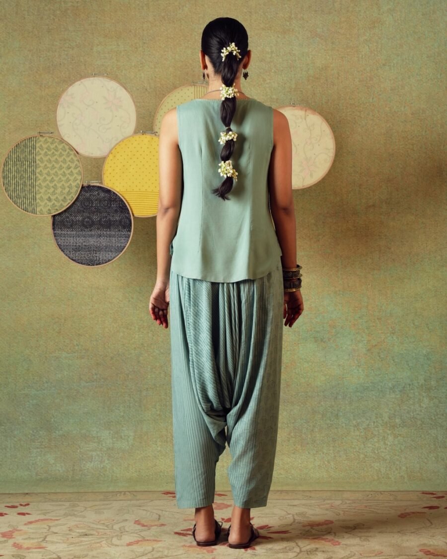 Back view of green striped Turkish pants with moth block print – RA Studio