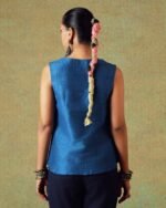 Back view of blue sleeveless Dupion silk embroidered top