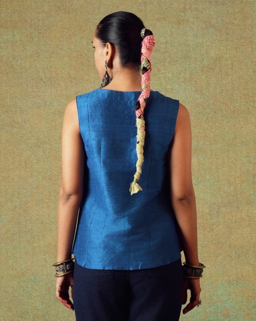 Back view of blue sleeveless Dupion silk embroidered top