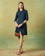 Collared Blue Dress with Details Straight Cut - Image 4