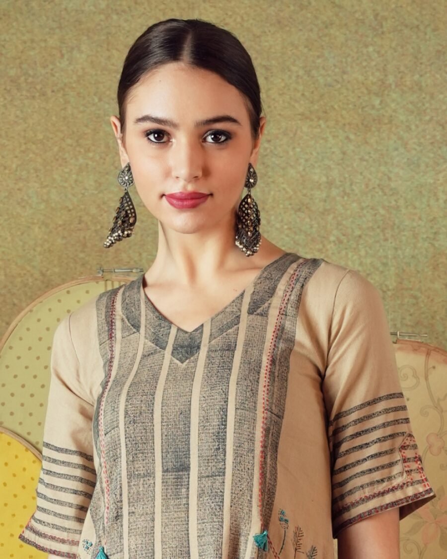 Beige Block Print Dress Princess Line Cut with Stripes & Hand-Embroidered Pocket - Image 4