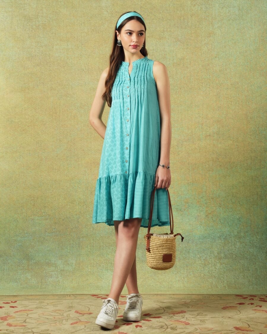 Sleeveless A-line Shirt Dress Blue Moth and Stripe Print - Image 4