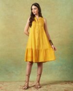 Sleeveless A-line Shirt Dress Yellow Moth and Stripe Print - Image 4