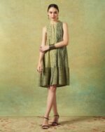 Sleeveless A-line Shirt Dress Green Moth and Stripe Print - Image 4