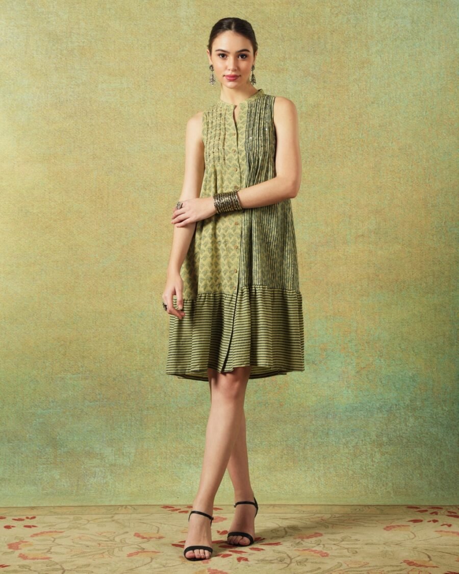 Sleeveless A-line Shirt Dress Green Moth and Stripe Print - Image 4