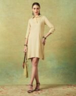Collared Beige Dress with Details Straight Cut - Image 4