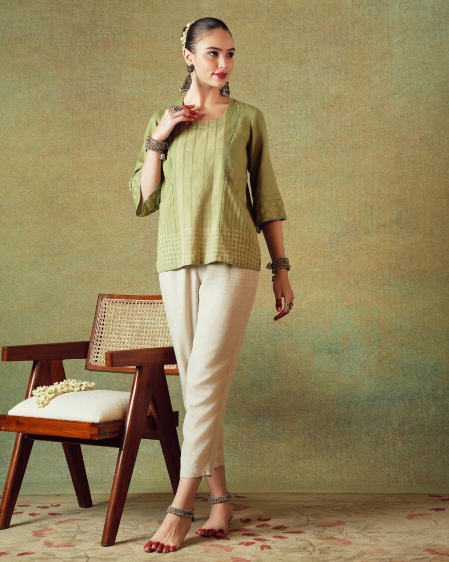 Green Block Printed Tunic Princess Line Cut with Embroidered Pocket - Image 4