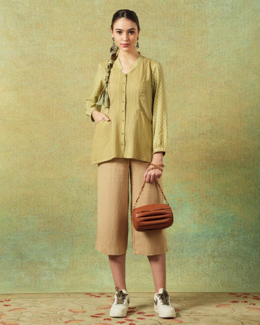 Block Printed Shirt with Pockets Green Stripe and Dot - Image 4