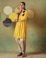 Yellow Flared Empire Line Dress with Yellow Stripe and Moth Block Print - Image 4