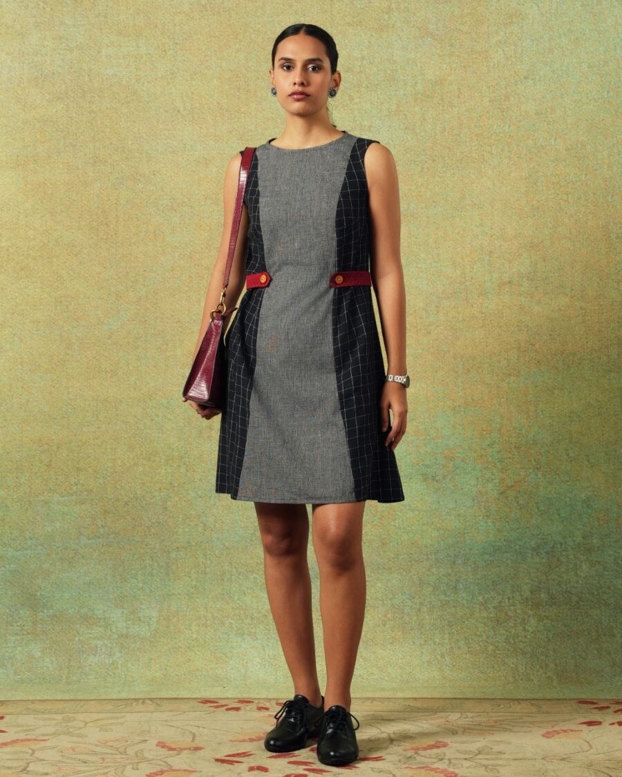 Sleeveless black and grey panel A-line dress with red belt detailing – RA Studio