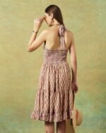 Back view of pink crinkled Jaipur block print halter neck dress with Jaal pattern – RA Studio