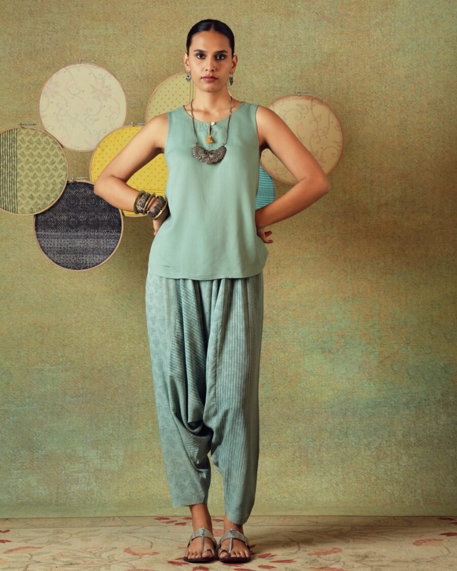 Green striped Turkish pants with moth block print – RA Studio