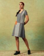 Patchwork dress in shades of grey with bold orange side pocket – RA Studio