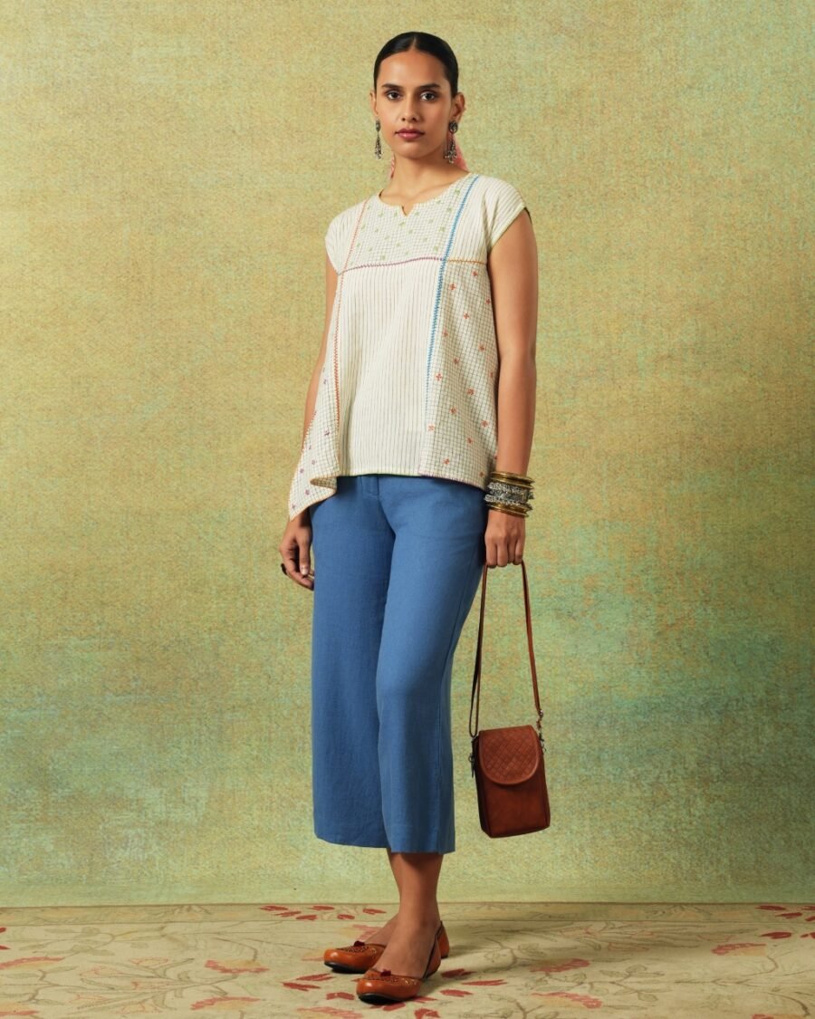 Creamy white flared top with hand embroidery, checks and thin stripes – RA Studio