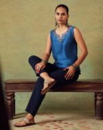Blue sleeveless Dupion silk top with hand embroidery