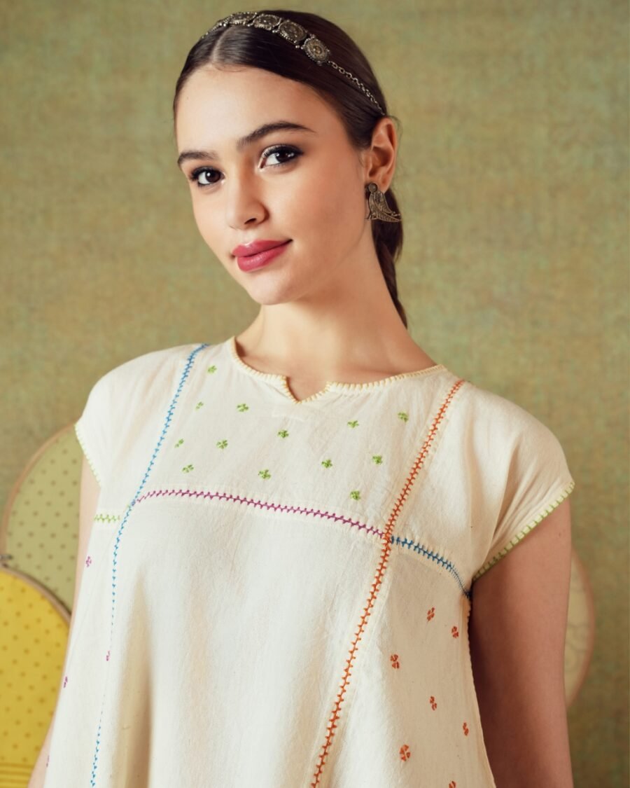 Hand Embroidery Flared Top Stripes Creamy White - Image 5