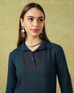 Collared Blue Dress with Details Straight Cut - Image 5