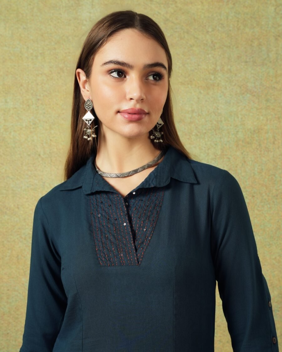 Collared Blue Dress with Details Straight Cut - Image 5