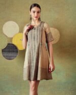 Beige Block Print Dress Princess Line Cut with Stripes & Hand-Embroidered Pocket - Image 5