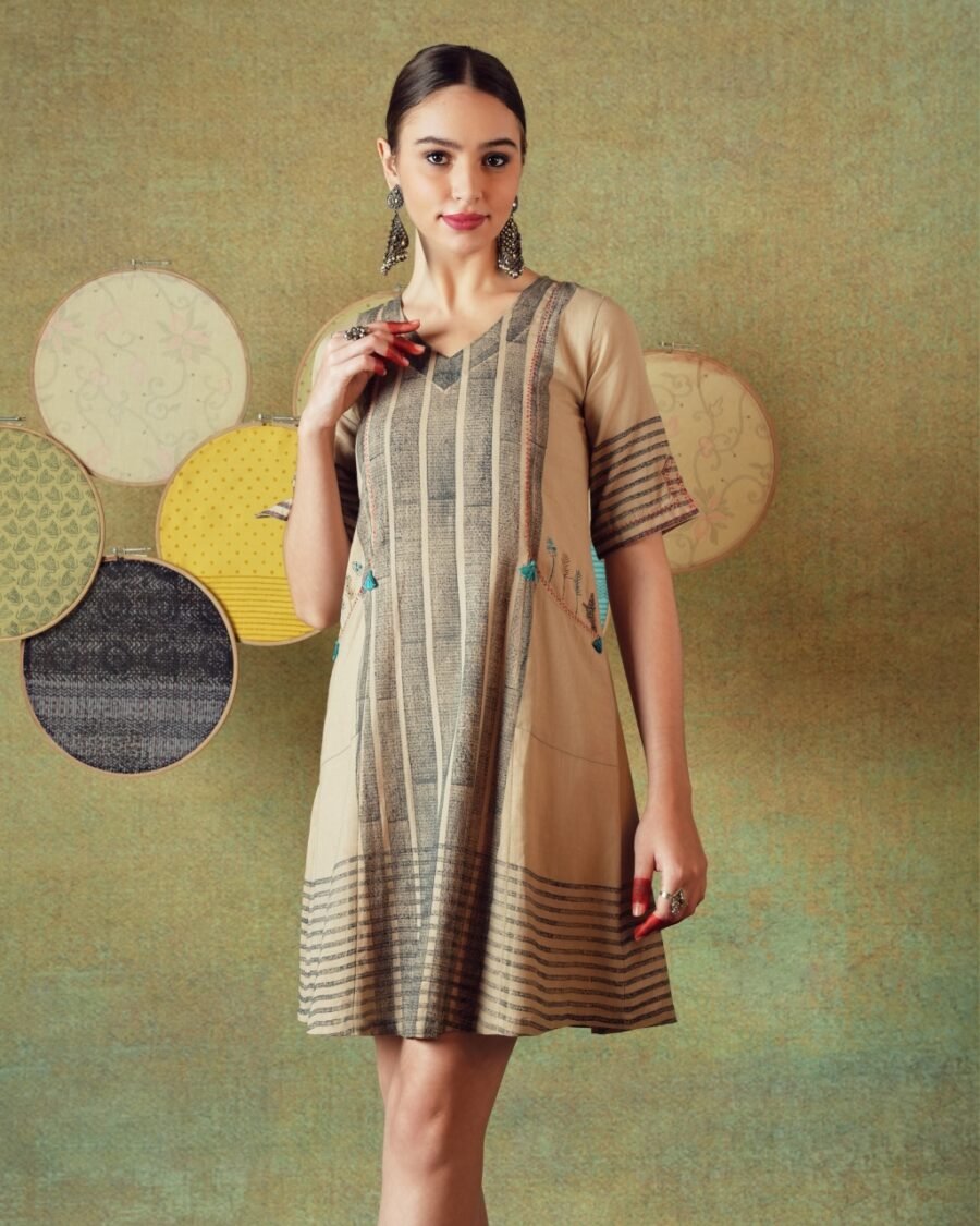 Beige Block Print Dress Princess Line Cut with Stripes & Hand-Embroidered Pocket - Image 5
