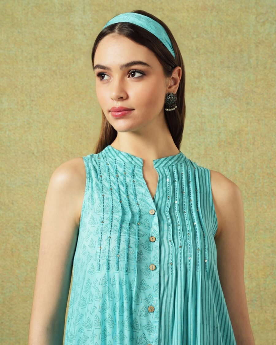 Sleeveless A-line Shirt Dress Blue Moth and Stripe Print - Image 5