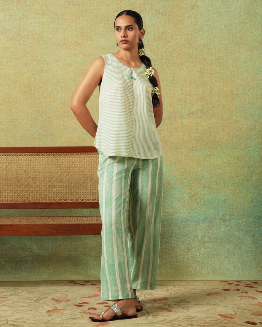 Flared Bottom Pants Green Wide Stripes - Image 4