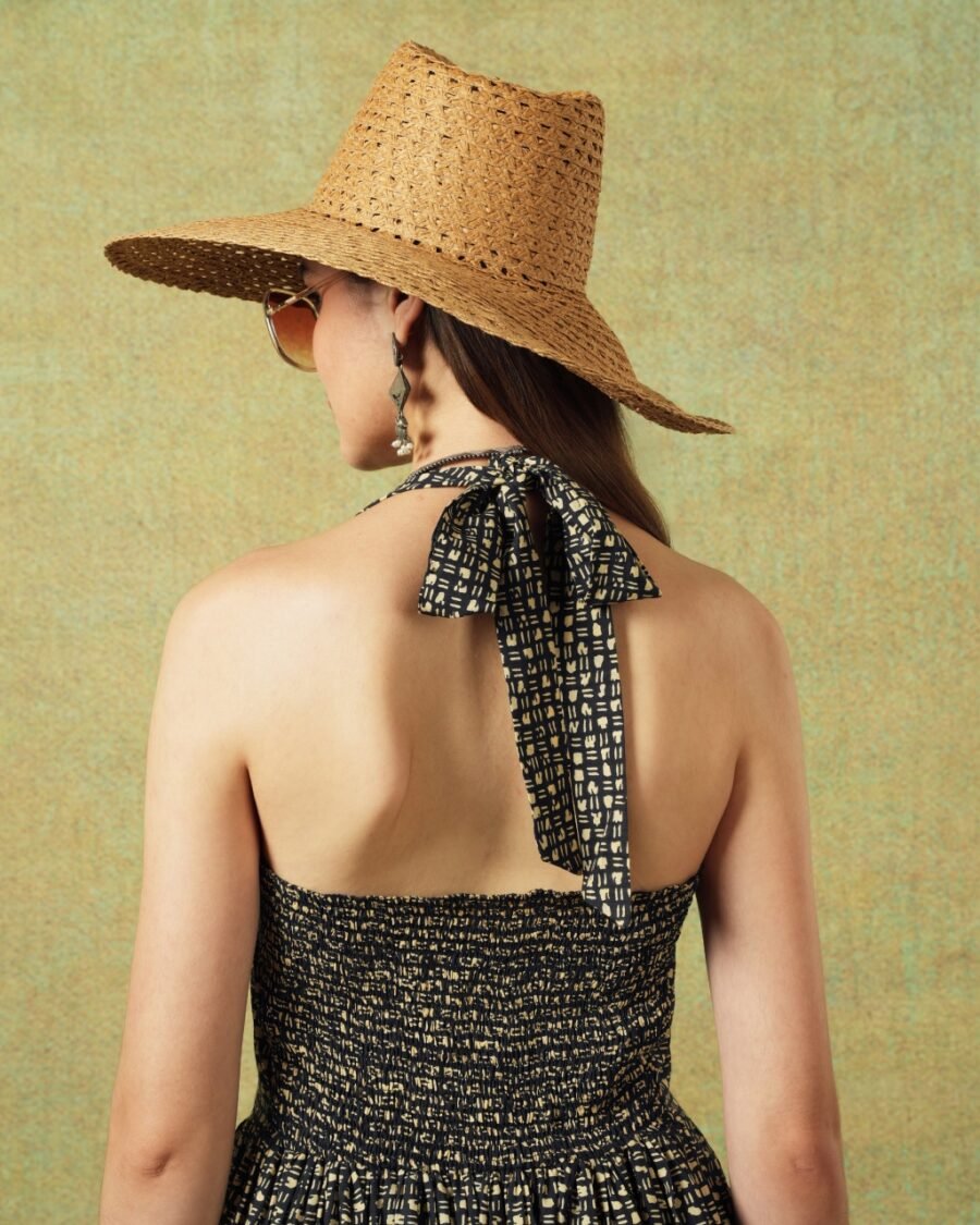 Dress Halter Neck Crinkled Jaipur Block Print Jaal Print Black - Image 5