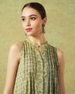 Sleeveless A-line Shirt Dress Green Moth and Stripe Print - Image 5