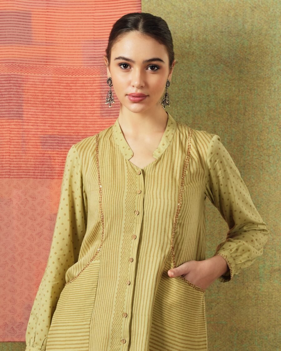 Block Printed Shirt with Pockets Green Stripe and Dot - Image 5