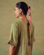 Green Block Printed Dress Princess Line Cut with Stripes & Hand-Embroidered Pocket - Image 5