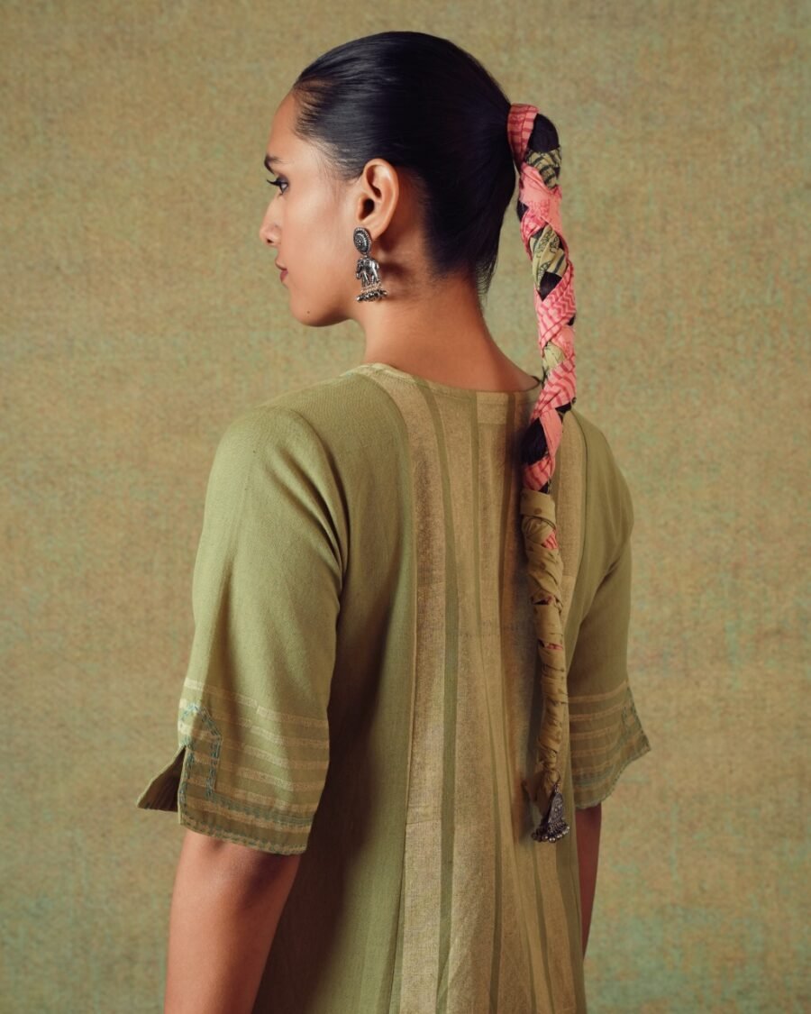 Green Block Printed Dress Princess Line Cut with Stripes & Hand-Embroidered Pocket - Image 5