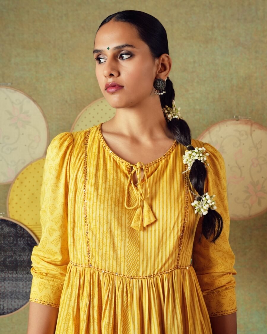 Yellow Flared Empire Line Dress with Yellow Stripe and Moth Block Print - Image 5