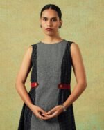 Sleeveless black and grey panel A-line dress with red belt detailing – RA Studio