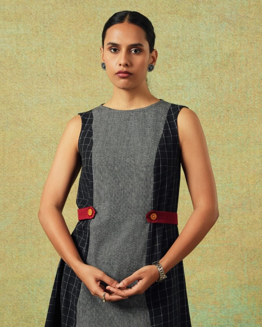 Sleeveless black and grey panel A-line dress with red belt detailing – RA Studio