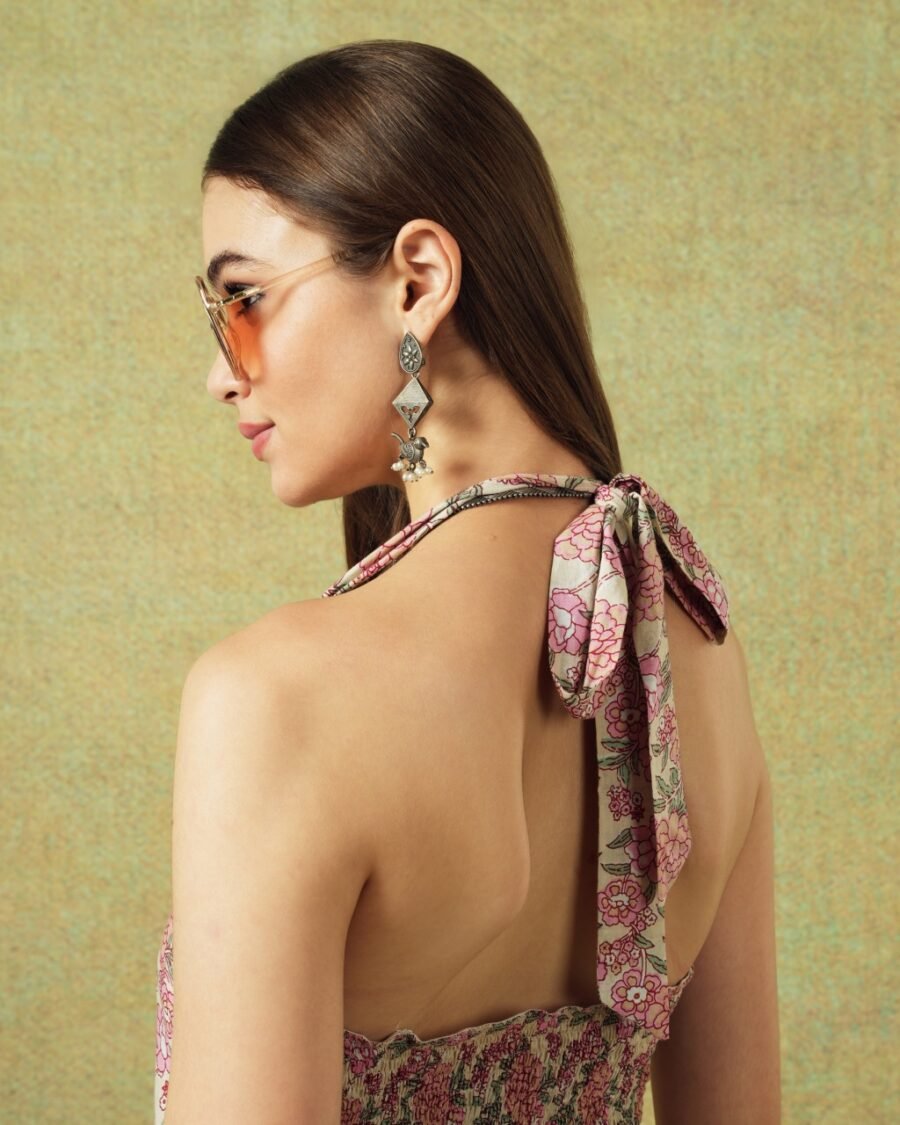 Back close up of Pink crinkled Jaipur block print halter neck dress with Jaal pattern – RA Studio