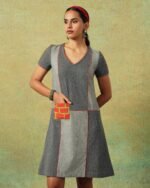 Patchwork dress in shades of grey with bold orange side pocket – RA Studio