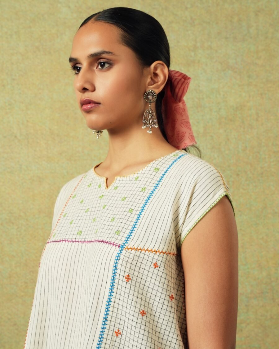 Creamy white flared top with hand embroidery, checks and thin stripes – RA Studio