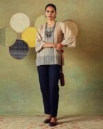 Beige block-printed tunic with princess line and embroidered pocket – RA Studio
