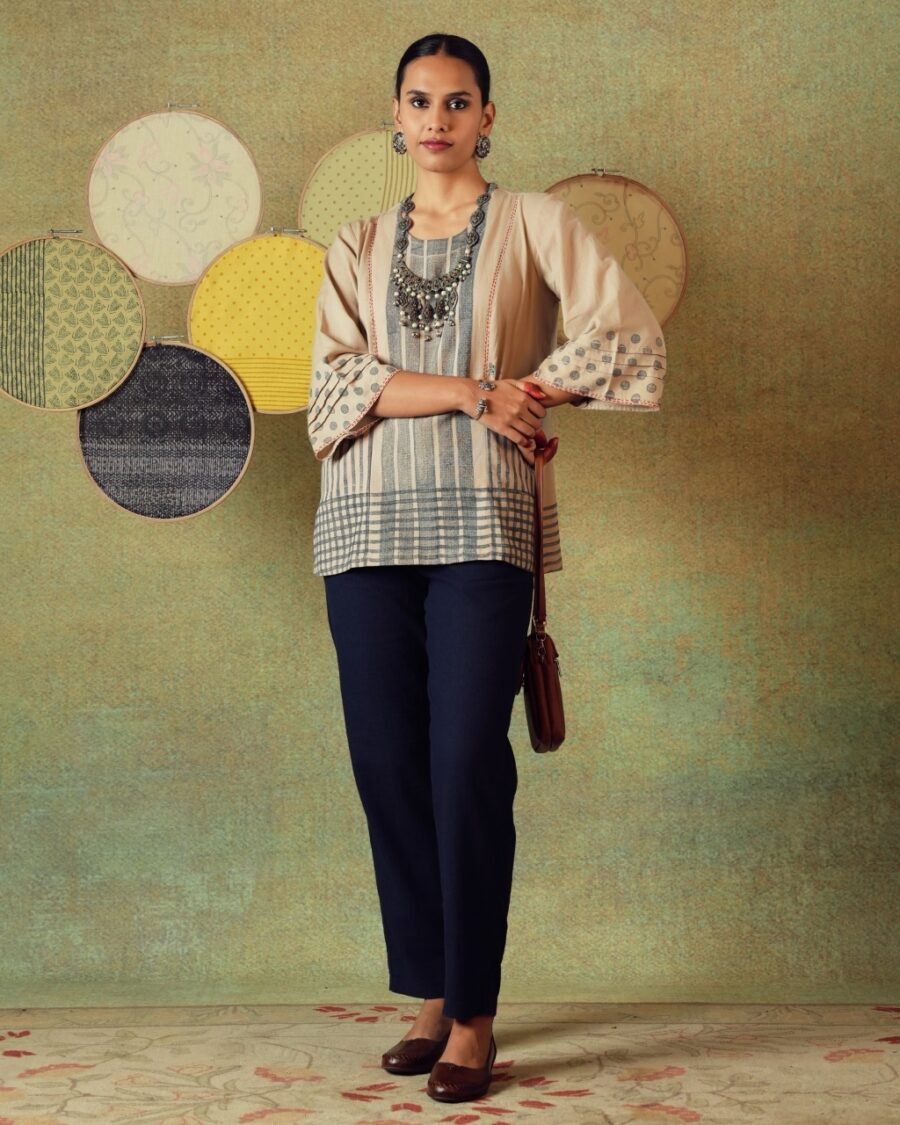 Beige block-printed tunic with princess line and embroidered pocket – RA Studio