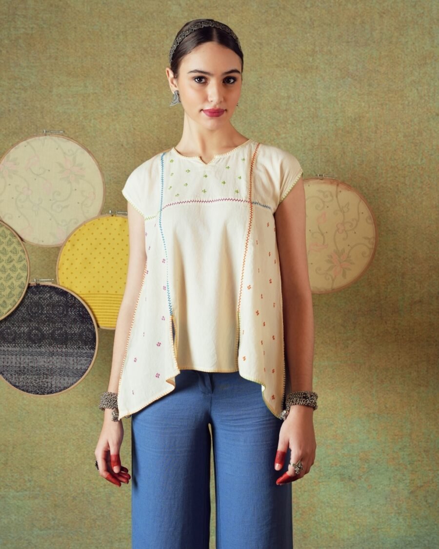 Hand Embroidery Flared Top Stripes Creamy White - Image 6