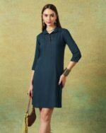 Collared Blue Dress with Details Straight Cut - Image 6