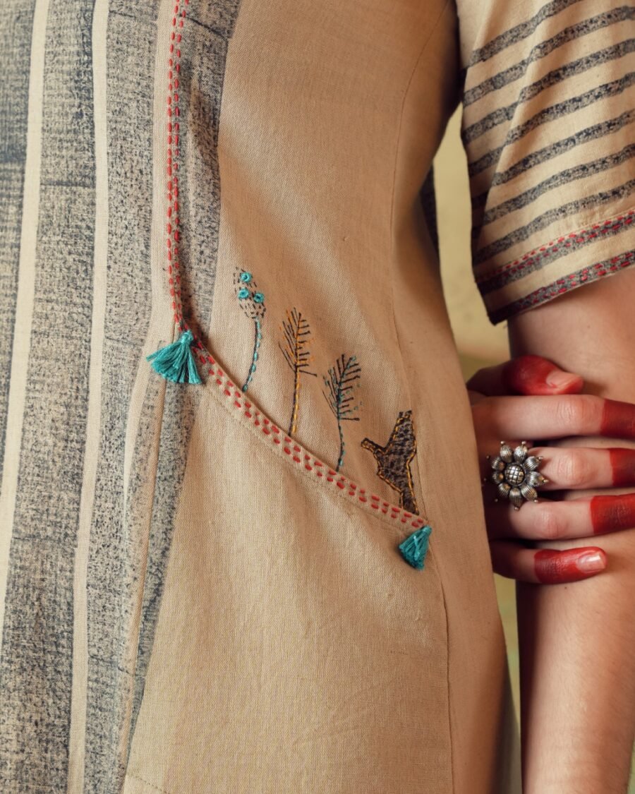 Beige Block Print Dress Princess Line Cut with Stripes & Hand-Embroidered Pocket - Image 6