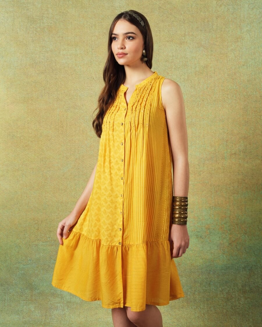Sleeveless A-line Shirt Dress Yellow Moth and Stripe Print - Image 6