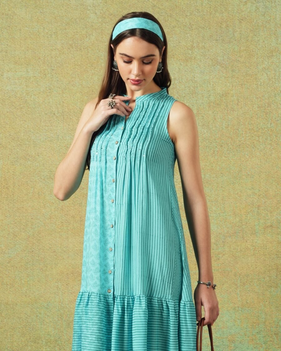 Sleeveless A-line Shirt Dress Blue Moth and Stripe Print - Image 6