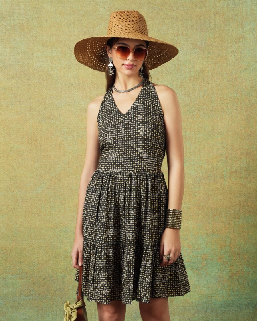 Dress Halter Neck Crinkled Jaipur Block Print Jaal Print Black - Image 6