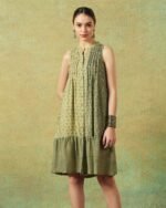 Sleeveless A-line Shirt Dress Green Moth and Stripe Print - Image 6