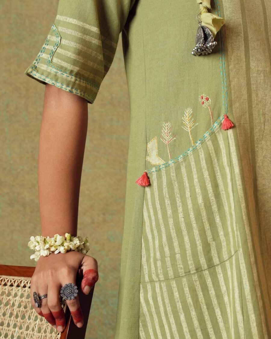 Green Block Printed Dress Princess Line Cut with Stripes & Hand-Embroidered Pocket - Image 6